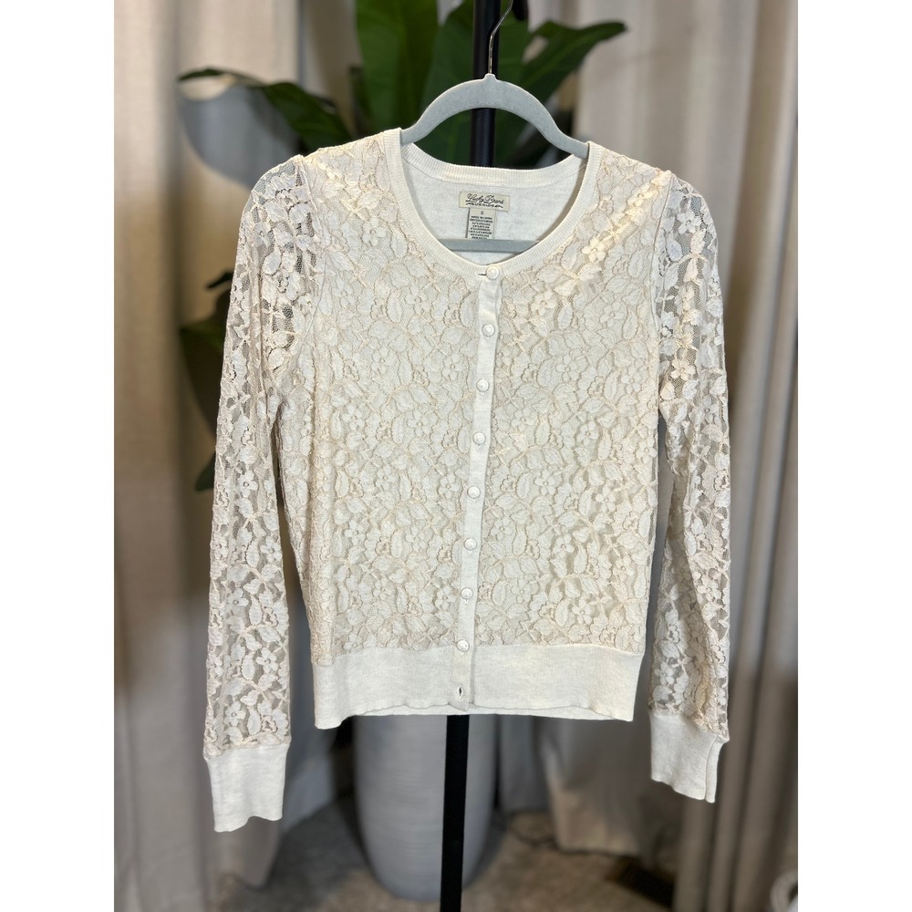 Lucky Brand Live in Love Cream Floral Lace Wool Cashmere Cardigan Sweater Small